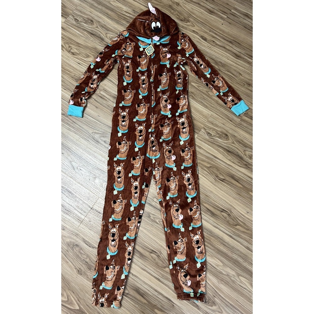 Scooby-Doo Hooded Union Suit Sz S Plush Fleece Pajamas Brown Turquoise